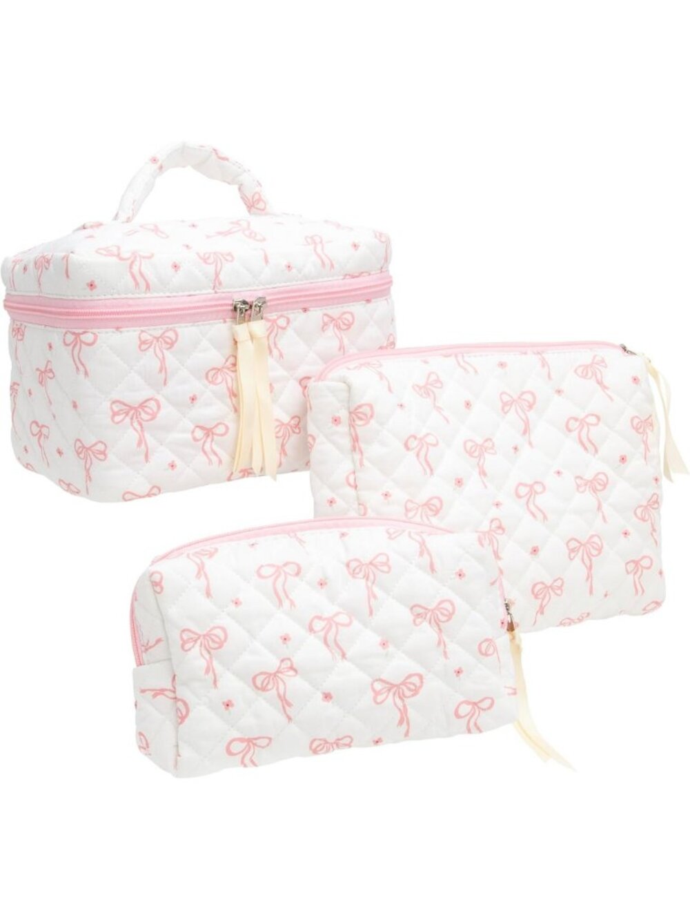 3 Piece Quilted Makeup Bag Set - Cute Zipper Organizer for Cosmetics, Toiletries